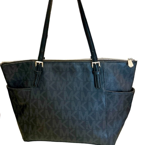 MICHAEL Michael Kors Black Gray Monogram Double Handle Large Tote Footed Pocket - Picture 2 of 13